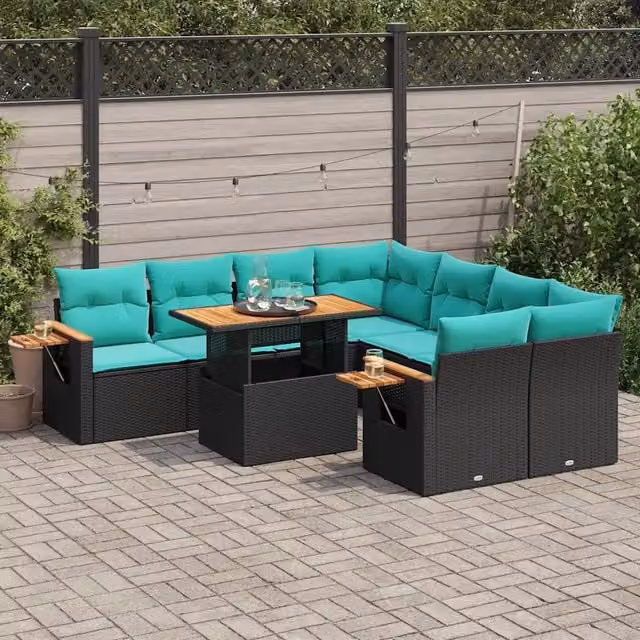 Set Divani da Giardino 9 pz con Cuscini Nero in Polyrattan 3327578