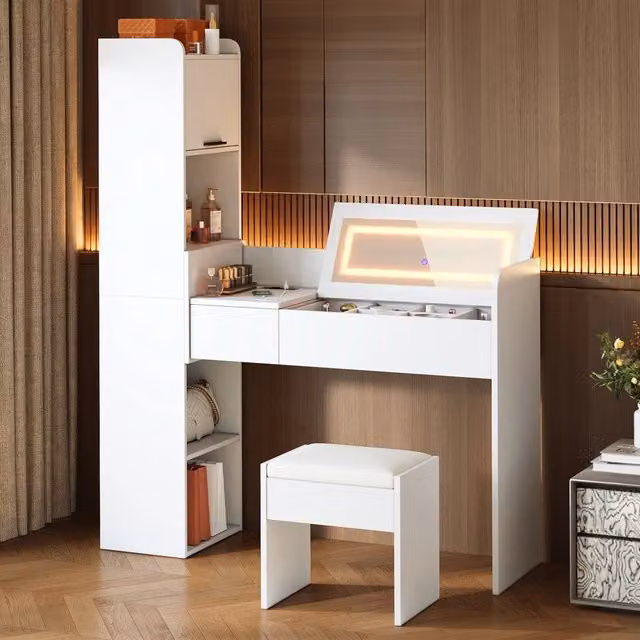 Tavolo da toeletta con specchio LED pieghevole, presa USB, cassetto e colonna laterale, bianco, 131 × 40 × 160 cm