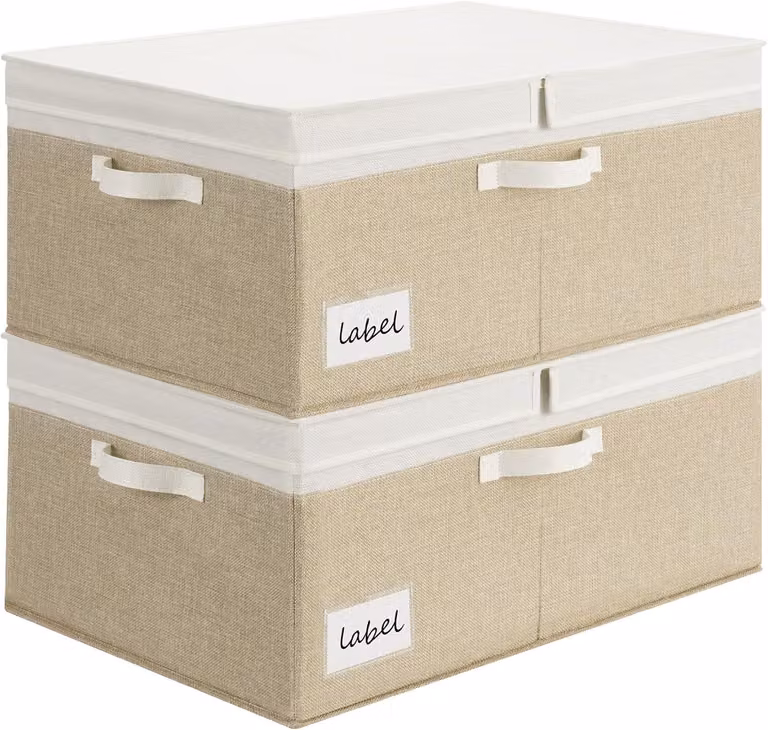 Set di 2 scatole di stoccaggio grandi con coperchio, realizzate in tessuto, colore bianco e kaki, ideali per l'armadio