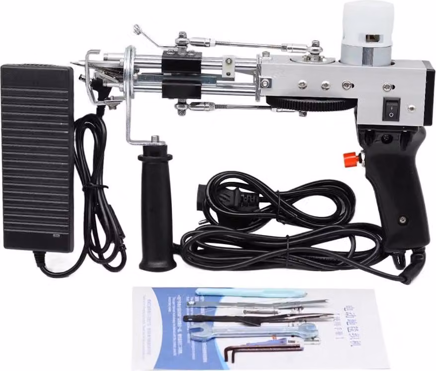 Pistola per la realizzazione di tappeti a pelo spazzolato - 2-in-1: pistola elettrica per la creazione di tappeti - Adatta per pelo tagliato e ad anello - Macchina per tappeti manuale - Corpo in metallo - Colore: nero