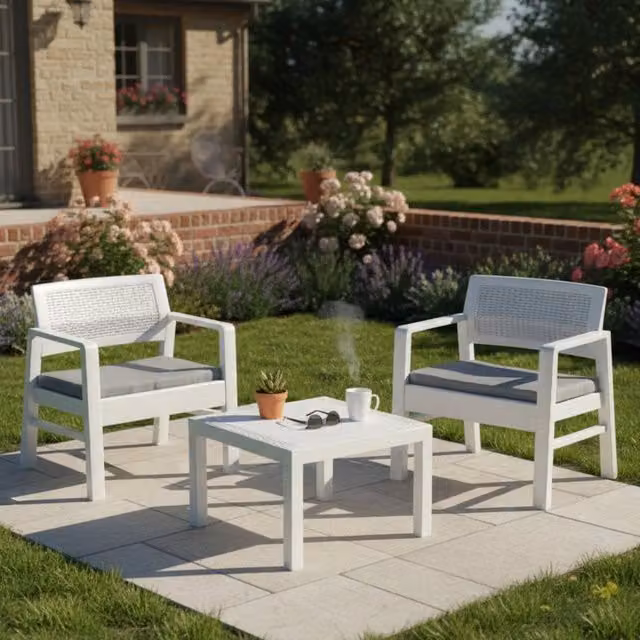 Set Salotto da Esterno Floritan DMORA in Polyrattan Bianco con Divano a 2 Posti e Tavolino da Giardino