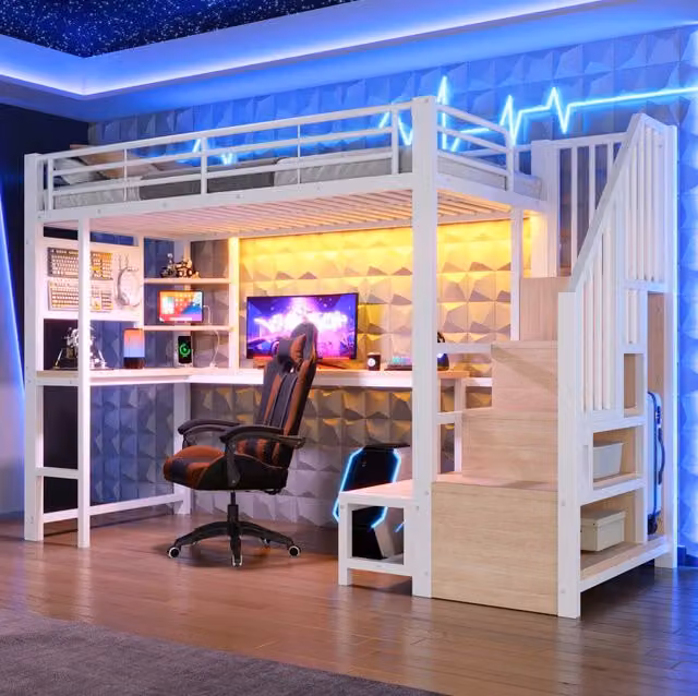 Letto a soppalco 90x200 cm con scrivania; LED; USB e USB-C; MDF e metallo; bianco