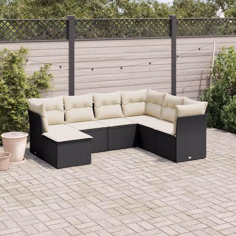 vidaXL Set Divani da Giardino a L con Cuscini 7pz in Polyrattan Nero
