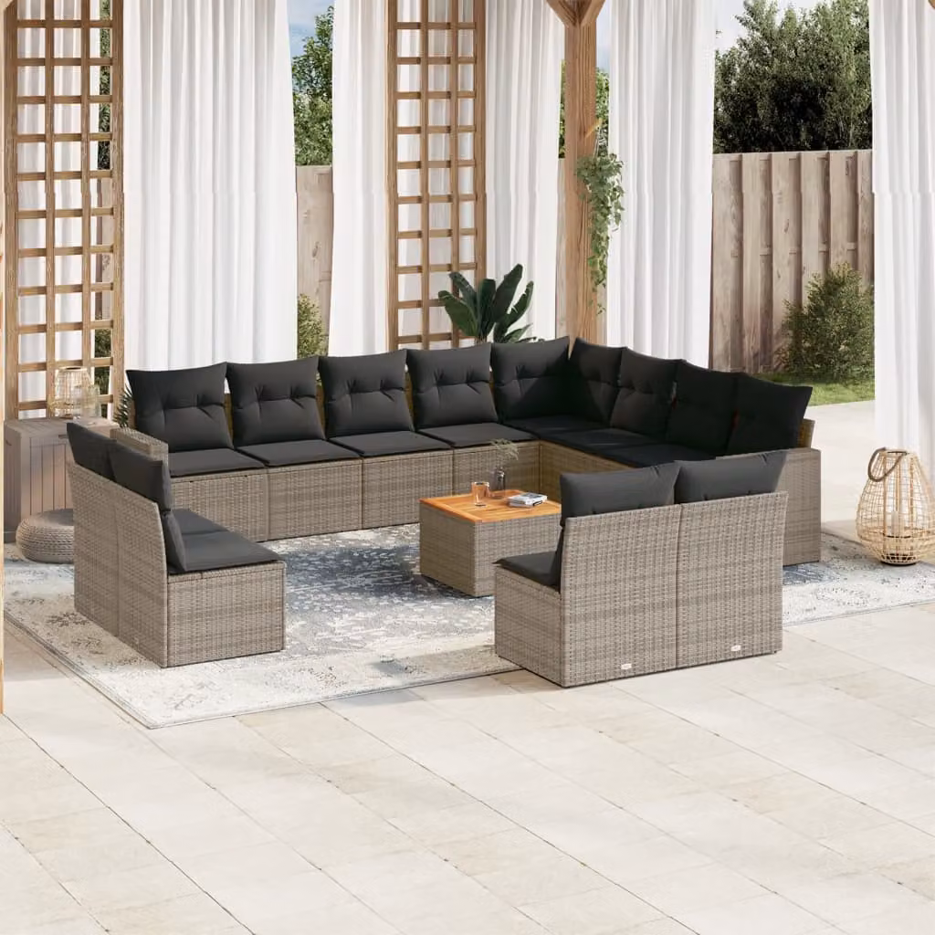 vidaXL Set Divani da Giardino 13 pz in Polyrattan Grigio con Cuscini e Tavolino da Esterno – 1