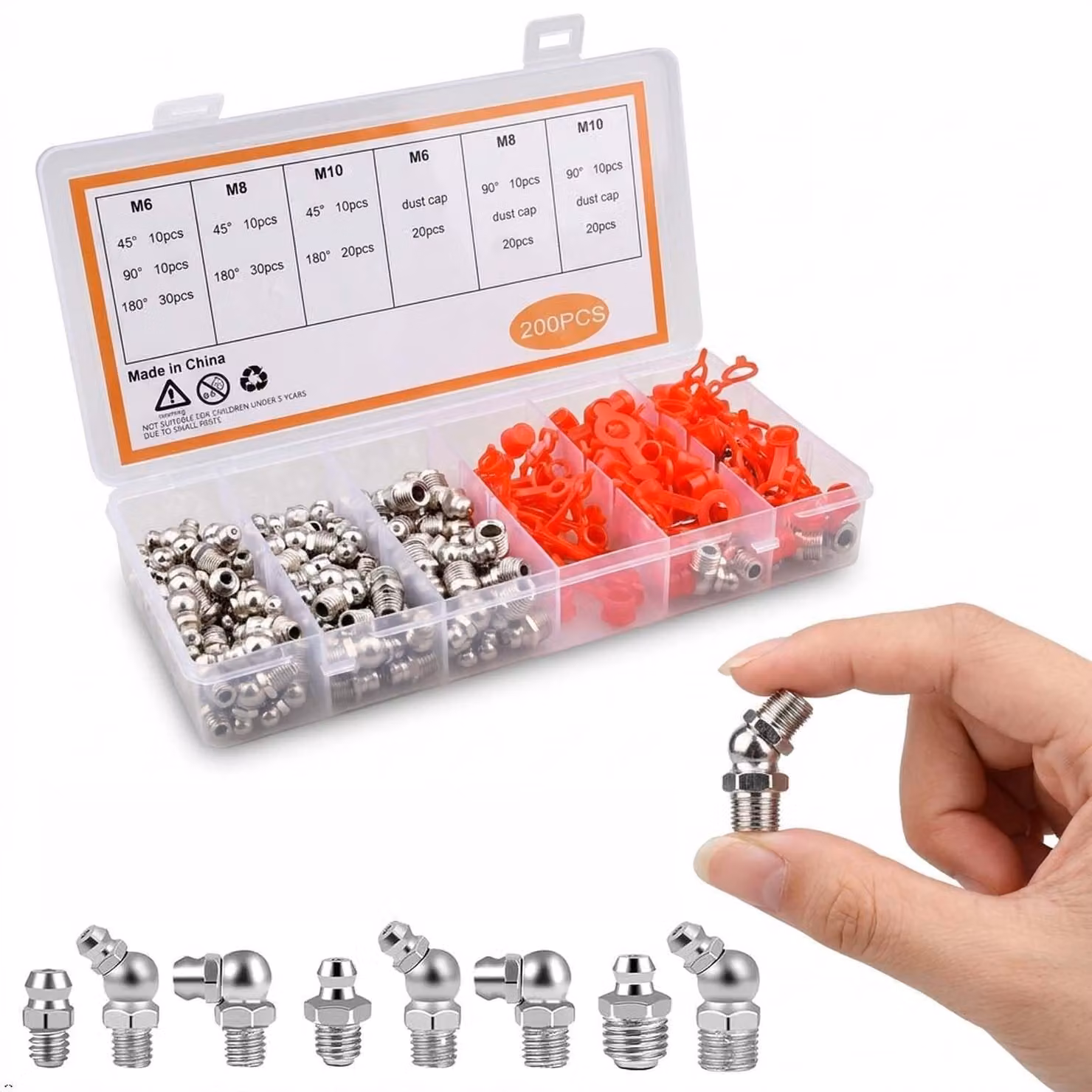 Kit assortimento di 200 nippli per lubrificazione - M6, M8, M10, con custodia