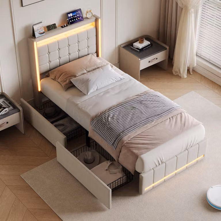 Letto singolo 90x200 cm, beige, marca UnboxG – Letto imbottito in tessuto di lino con illuminazione LED, porta USB e porta Type-C, 2 cassetti e rete a doghe