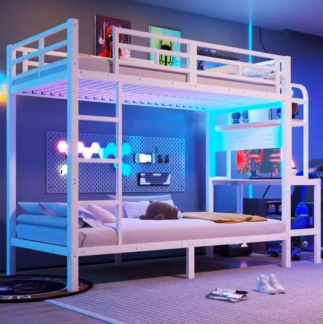 Letto a castello 90x200 cm bianco in metallo; scrivania e luci LED