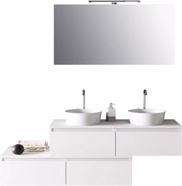 Composizione mobile bagno ASTRA con doppio lavabo in 8 pezzi, colore bianco, L: 160 cm, P: 45 cm, H: 190 cm