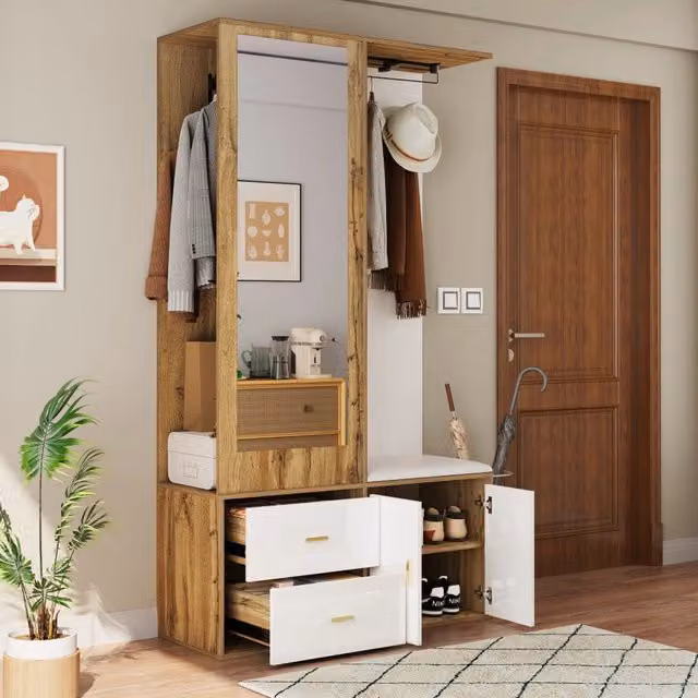 Set di mobili da ingresso con specchio ganci appendiabiti estraibile panca imbottita e scarpiera 100 × 38 × 180 cm
