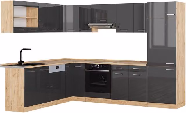Cucina angolare moderna R-Line Vicco in antracite lucido e rovere dorato L/P/H: 287 x 227 x 60 cm