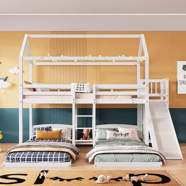 Letto a castello per bambini con scivolo - Xylo - 90x200 cm - Bianco - Scaffale aperto scala tre livelli