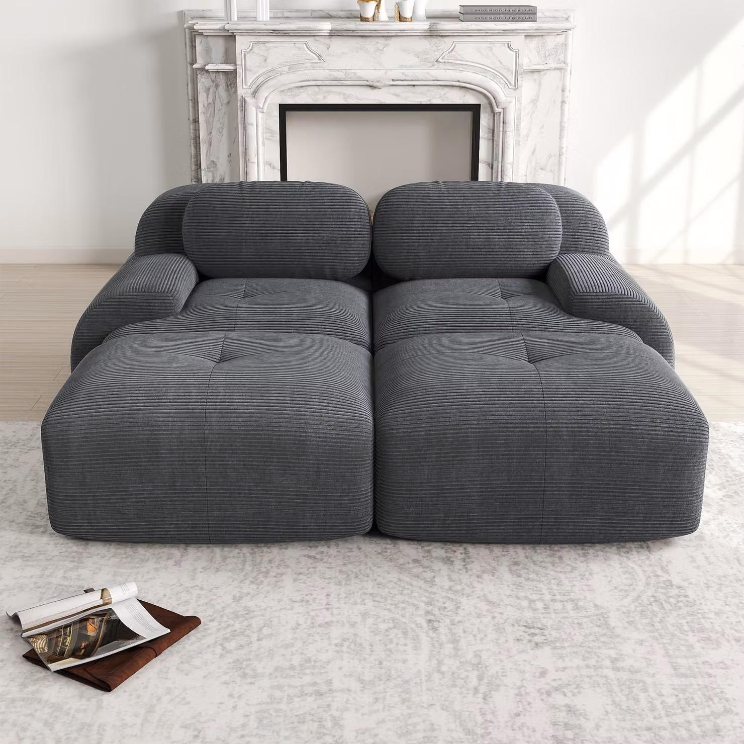 Divano Sweiko a 2 posti in tessuto a coste, componibile con chaise longue, braccioli ergonomici antiscivolo e rivestimento altamente elastico per soggiorno e camera da letto, grigio