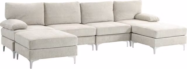 Divano angolare componibile 4 posti con poggiapiedi e cuscini ¨C Xylo ¨C Tessuto effetto ciniglia bianco crema 313x149x88 cm