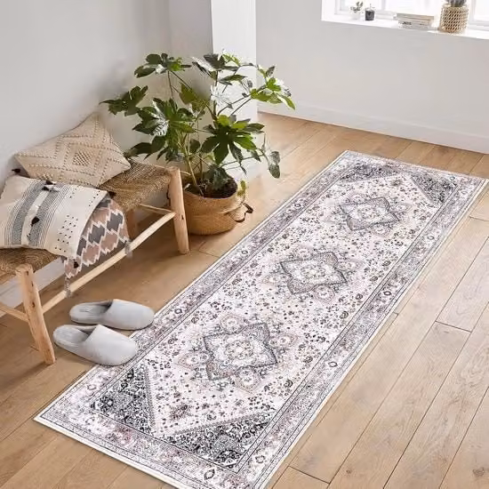 Tappeto vintage in stile rustico rosa, lavabile e antiscivolo, L: 60 cm x P: 230 cm
