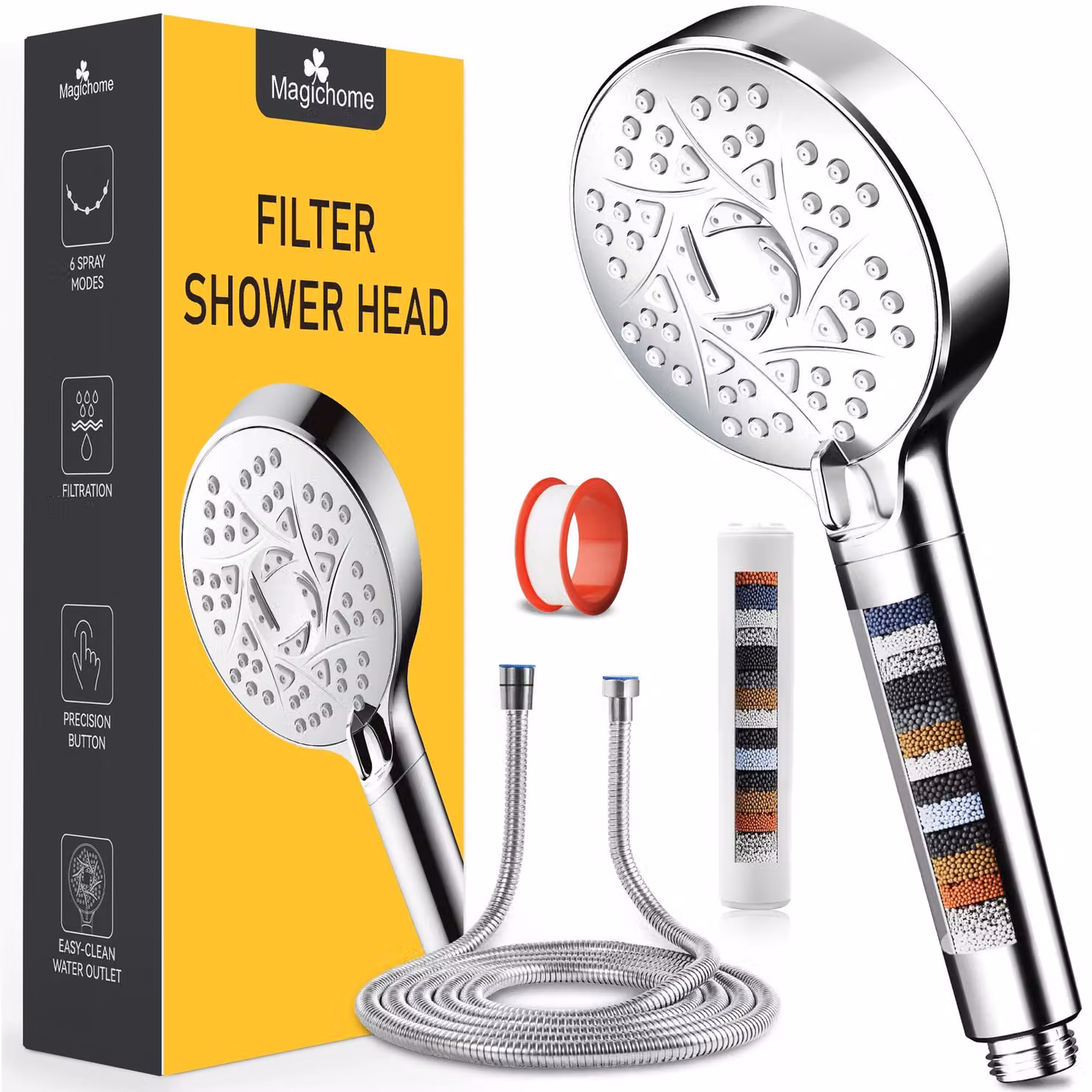 Rubinetto doccia con filtro, lunghezza 2 metri, 6 modalità regolabili, materiale ABS, cromato, adatto per bagno e doccia
