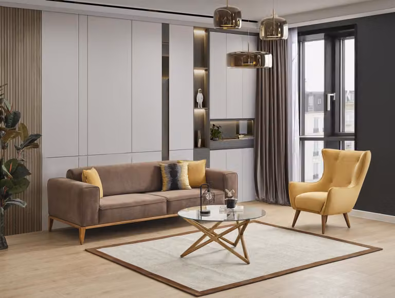 Sofagarnitur Sofa 4 Sitzer Sessel Gelb Stoff Btaun Modern Viersitzer