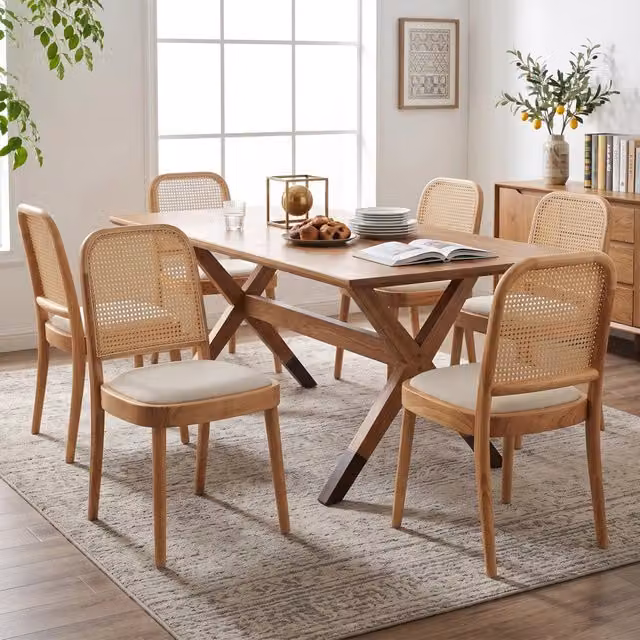 Set di 4 sedie da pranzo MIVRAY in legno marrone con schienale in rattan e seduta imbottita in lino