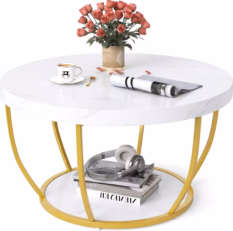 COSTWAY Tavolino rotondo, tavolino da salotto in legno con 2 ripiani e struttura in metallo, tavolino da salotto Tavolino da caffè 80 cm D per soggiorno, sala d'attesa, ufficio, bianco