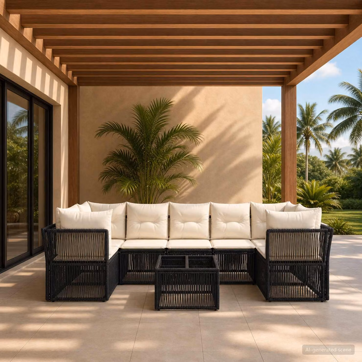 Set Divano da Giardino vidaXL 8 pz in Polyrattan Nero con Tavolino e Cuscini Imbottiti