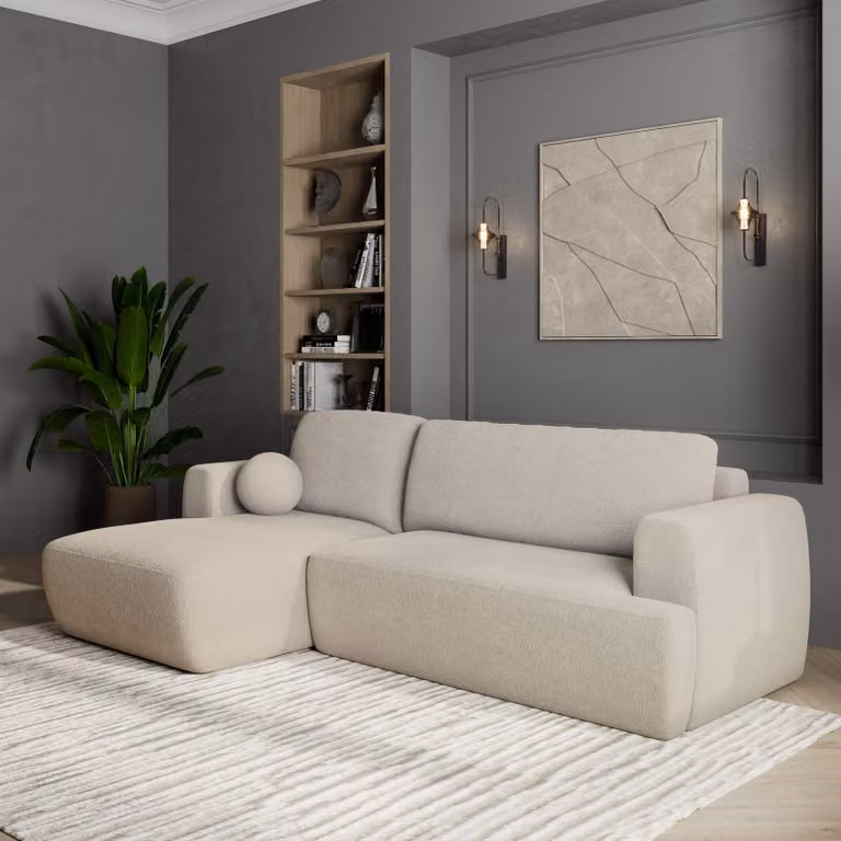Divano angolare SENTI N L-S di Masseno con funzione letto a L, divano con box letto, divano da soggiorno, divano, divano letto, set di divani - crema, ORA O MAI PIÙ 02