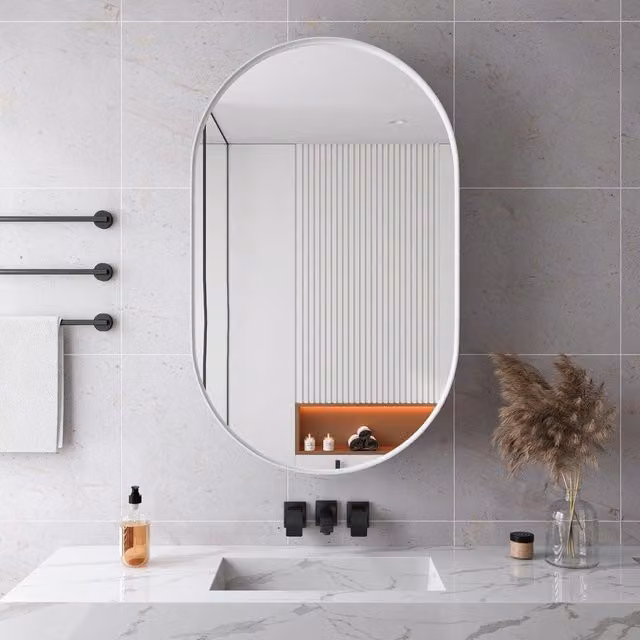 Armadietto Specchio Ovale da Bagno Minimal con Ripiani Regolabili Bianco