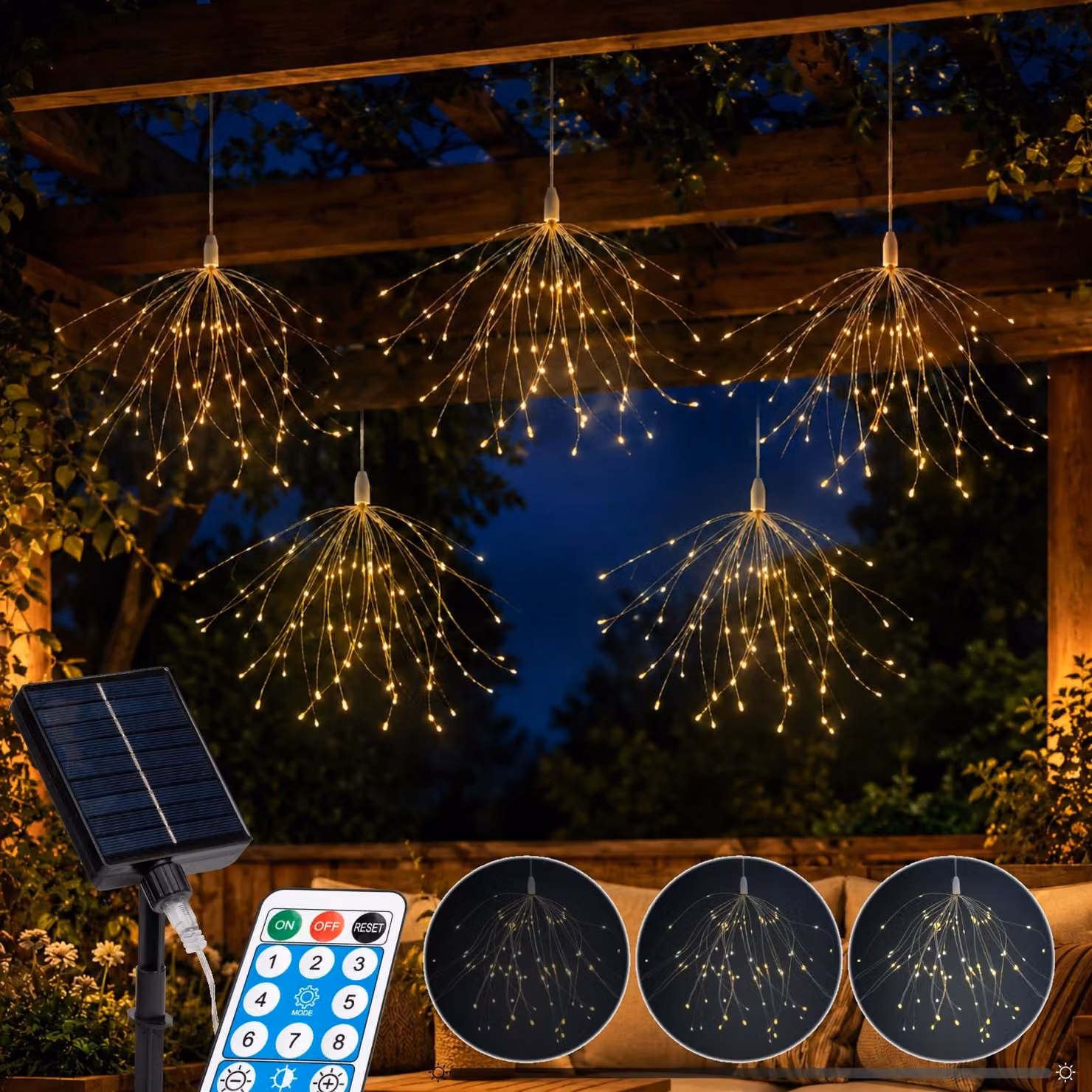 LUMILED Catena luminosa solare da esterno, 450 LED, 5 pezzi, effetto "fiocchi di soffione" e fuochi d'artificio, 4 m, con telecomando, 8 modalità, intensità regolabile, USB-C, pannello solare, IP44, bianco caldo 3000K, decorazione da giardino per terrazza