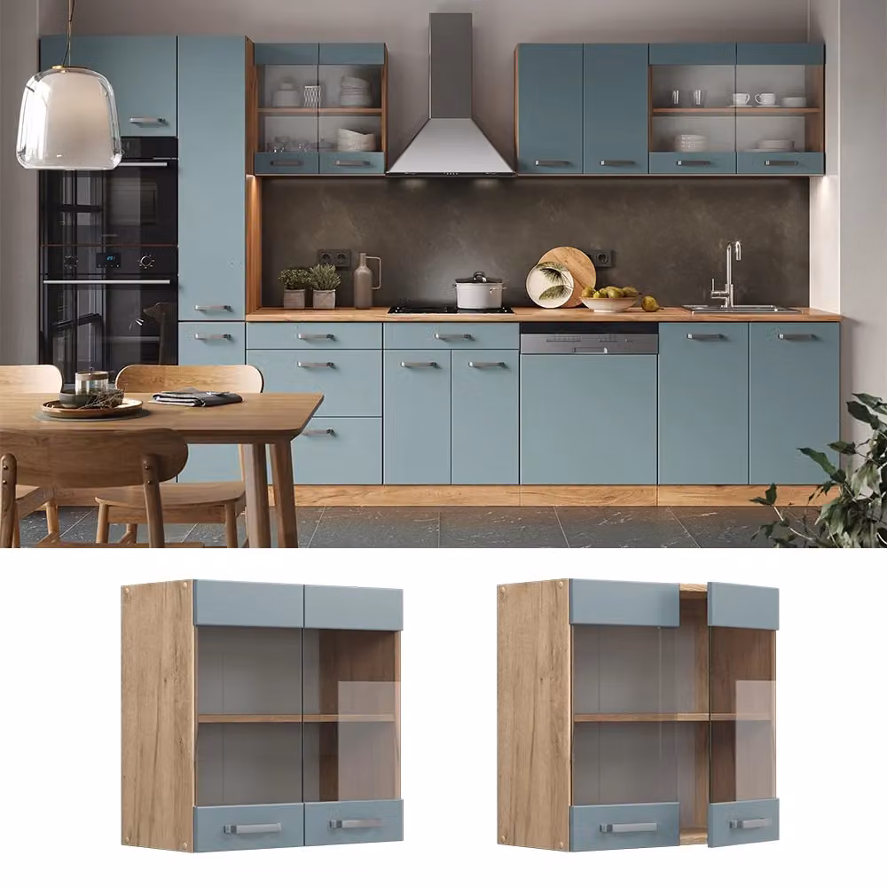 Pensile da cucina moderno Vicco R-Line con ante in vetro, Grigio-blu e Rovere, L: 60 cm, H: 31 cm, P: 13,9 cm – 2