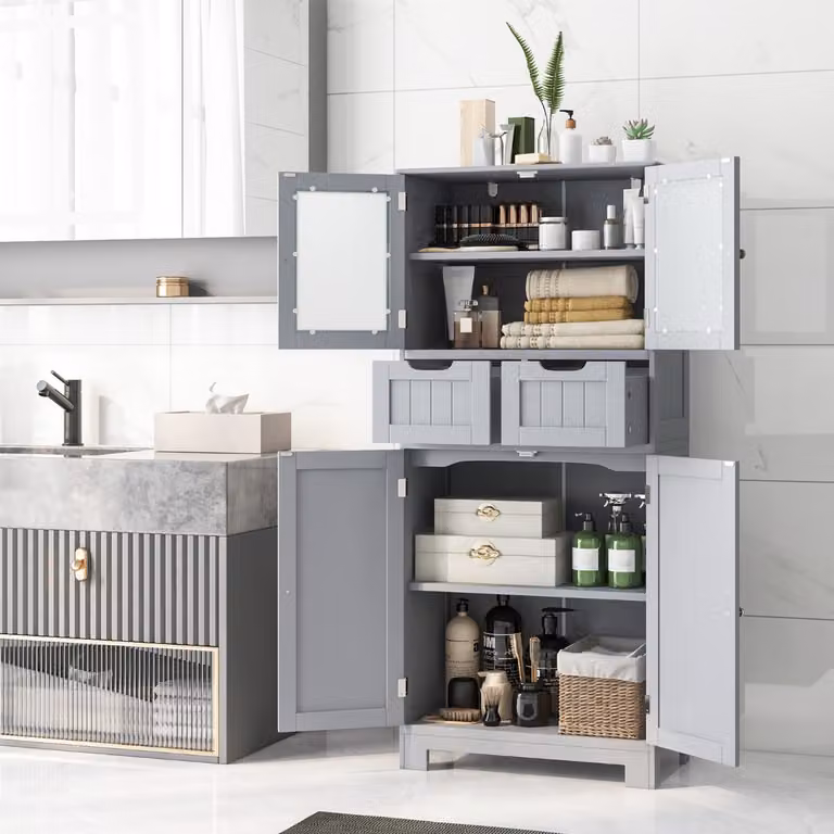 Armadio da bagno freestanding Costway Grigio con ante in vetro, cassetti e ripiani interni regolabili