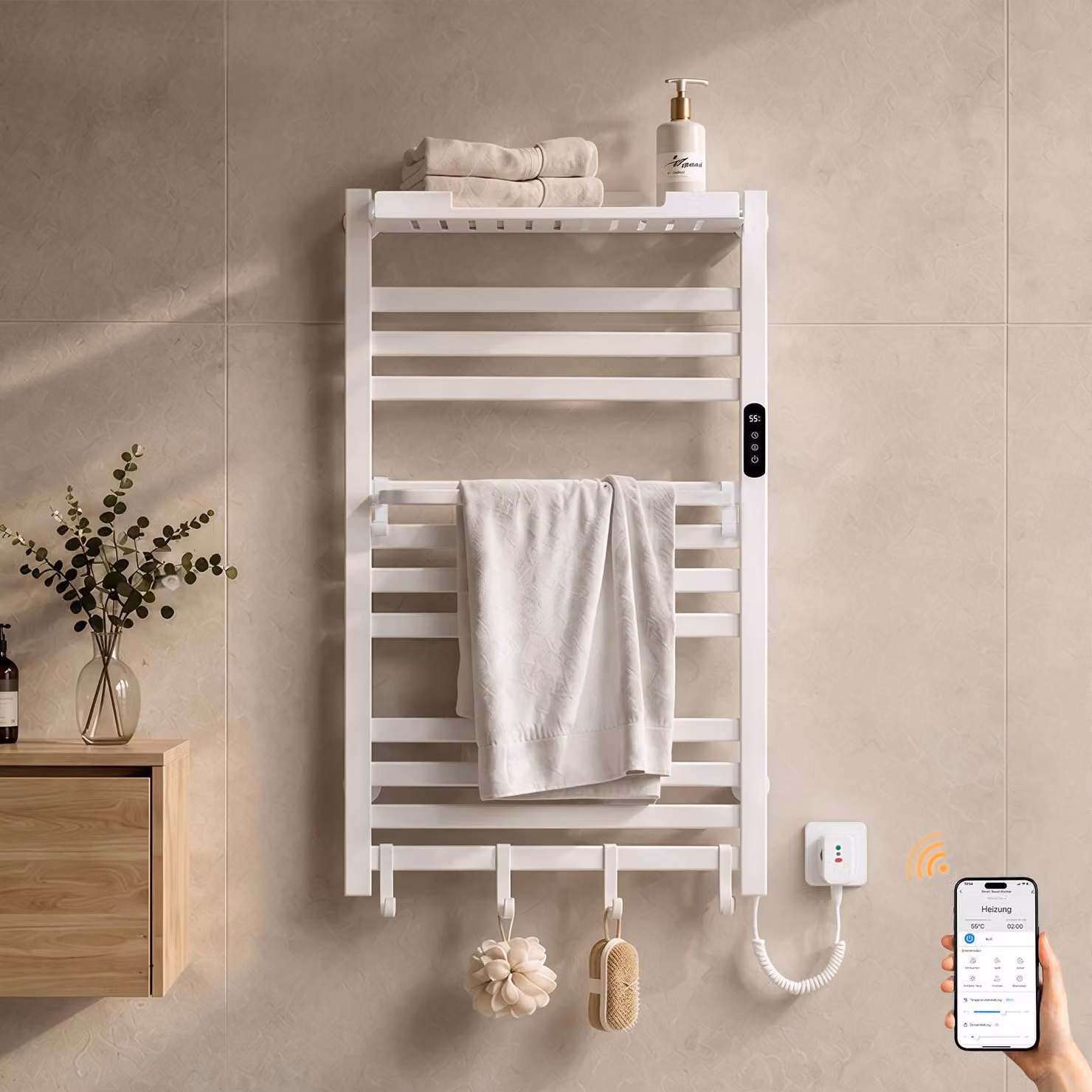 S'AFIELINA Scaldasalviette elettrico bagno con ripiano 950 × 600 mm 375 W Blanco,Termoarredo elettrico bagno WiFi con app