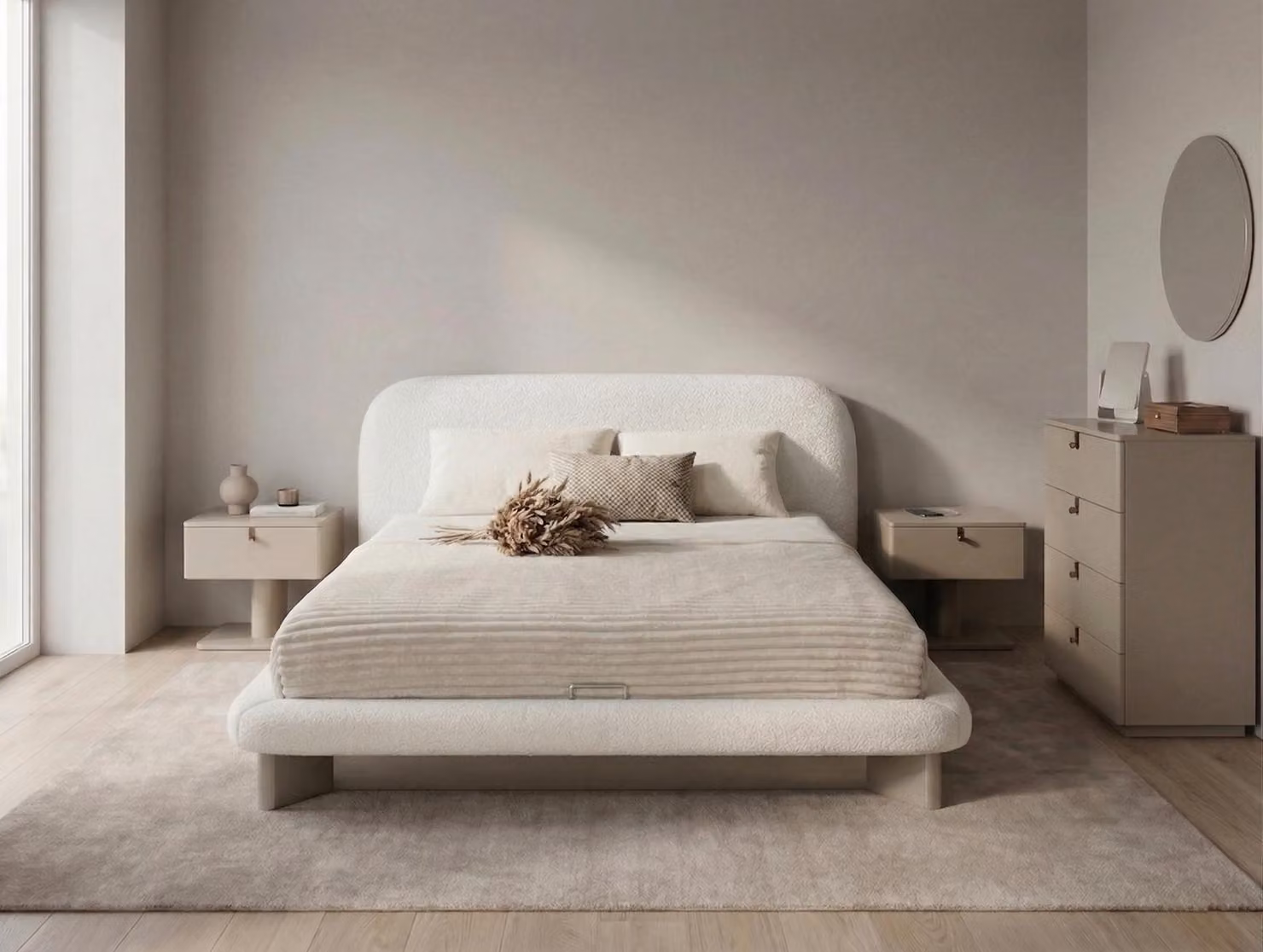 Set per camera da letto: letto, 2 comodini, comò. Stile moderno, confortevole