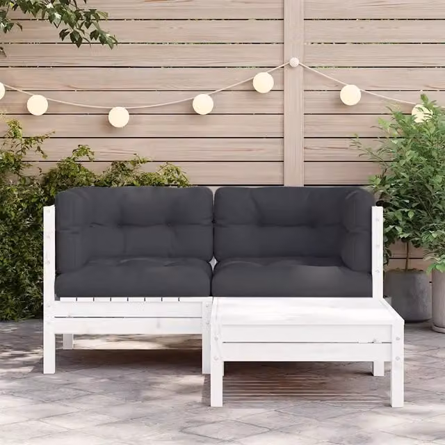 Set Divani da Giardino 3 pz con Cuscini-Sofa da giardino Bianco in Massello Pino