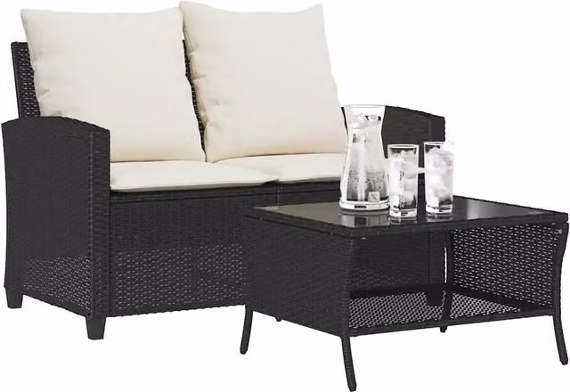 Divano da Giardino a 2 Posti Cuscini&Tavolo-Sofa da Giardino-Divano da esterno Nero in Polyrattan