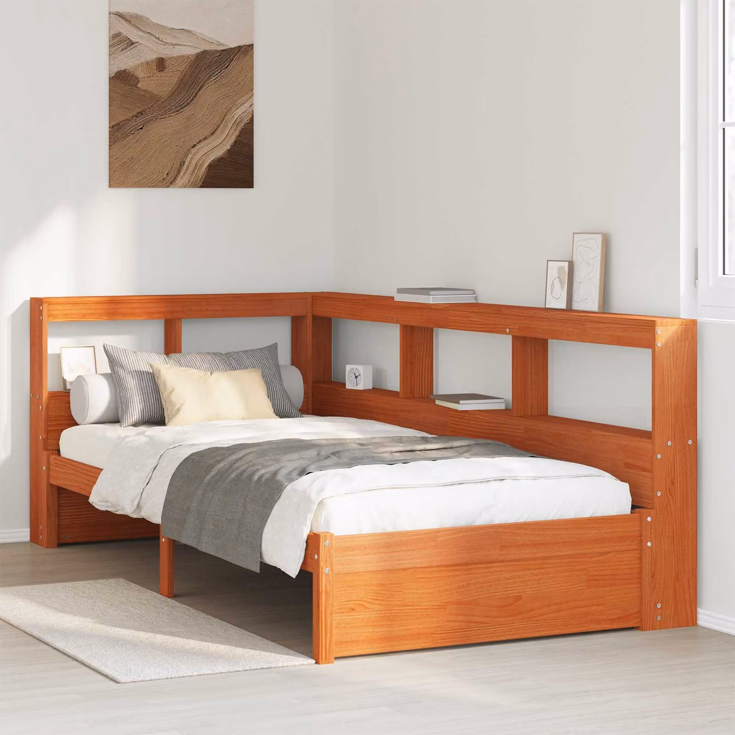 Letto Libreria vidaXL in Legno di Pino Massello Cerato Marrone con Ripiani Laterali L: 218.5 cm, P: 108.5 cm, H: 80 cm