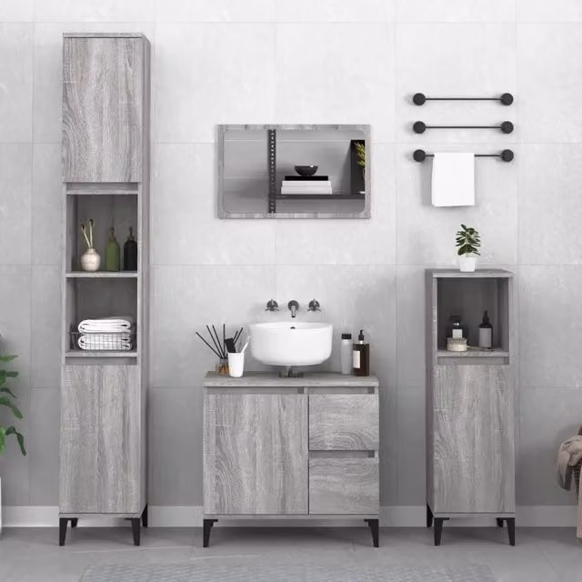 Set Mobili da Bagno 3 pz Grigio Sonoma in Legno Multistrato 3185549