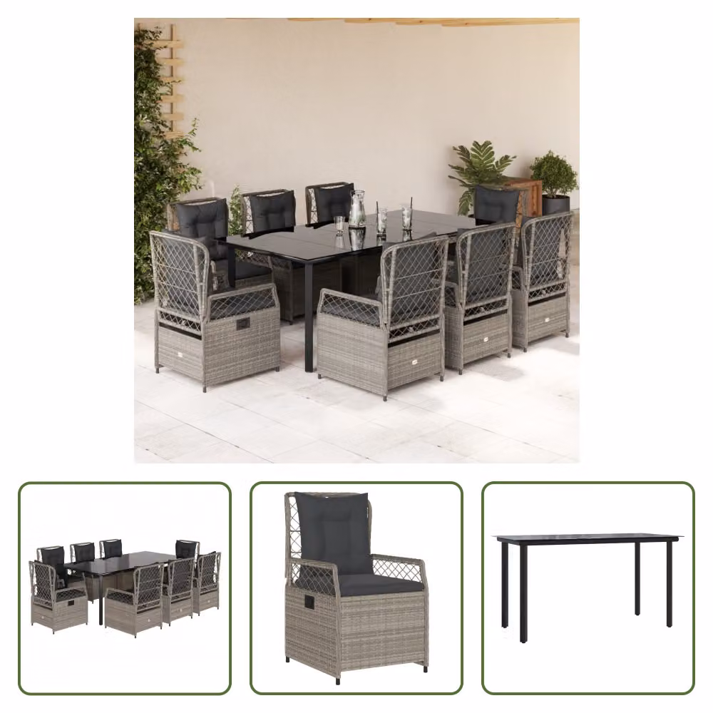 The Living Store Set da pranzo da giardino 9 pezzi con cuscini in poly rattan grigio chiaro