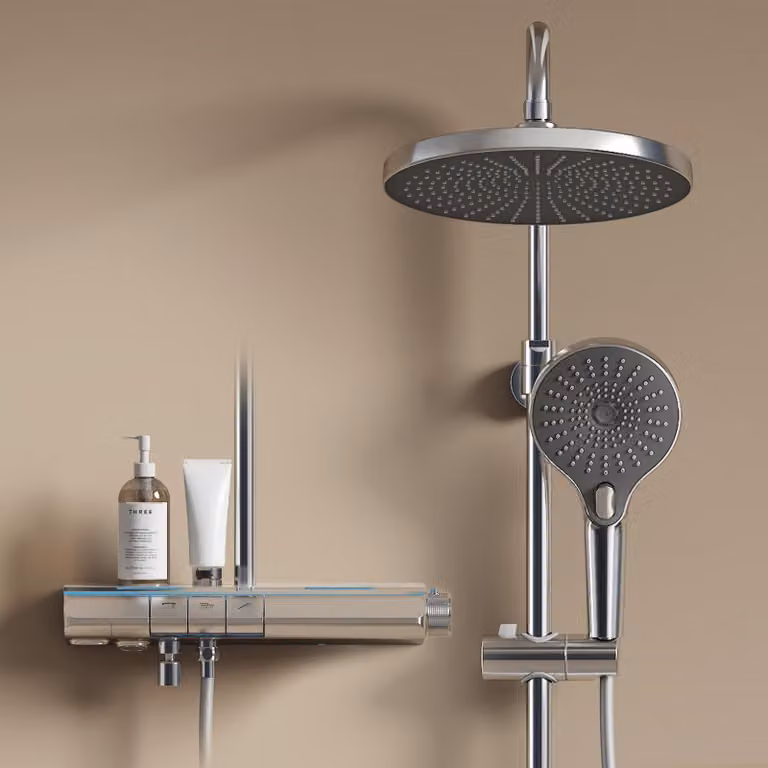 EMKE® Sistema doccia con termostatico cromo con illuminazione ambientale a LED blu, display digitale, doccia a pioggia 250 mm, bocca da bagno e ripiano in vetro F25