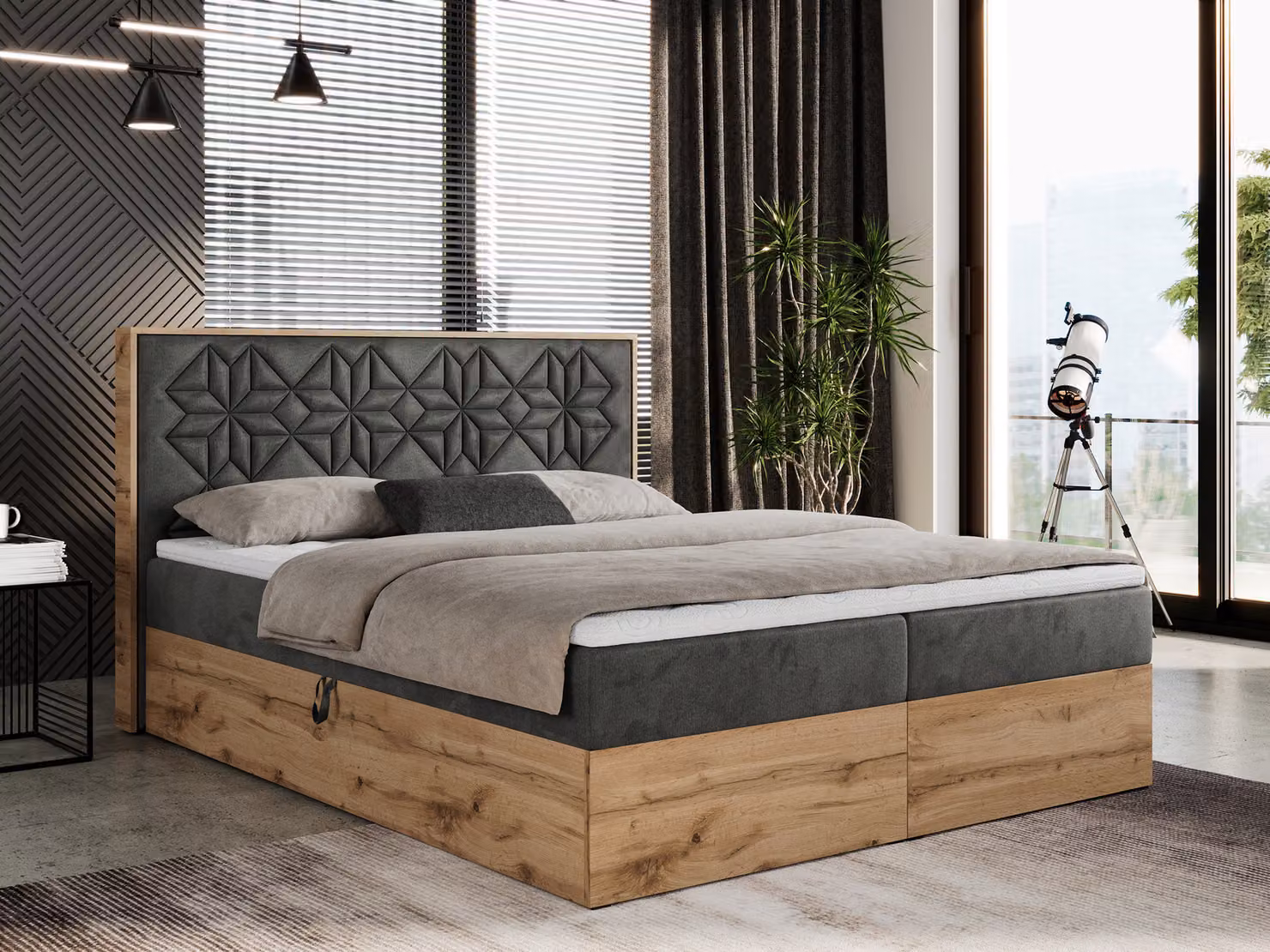 Letto boxspring 140x200 con contenitore, letto imbottito 140x200 con materasso H4, letto boxspring 140x200 con testiera, letto boxspring in legno massello - Nessi - Grigio scuro Velvet - H4