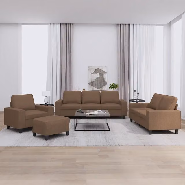 Set di divani moderno vidaXL in tessuto marrone composto da divano a 3 posti, divano a 2 posti e pouf con cuscini inclusi – 1
