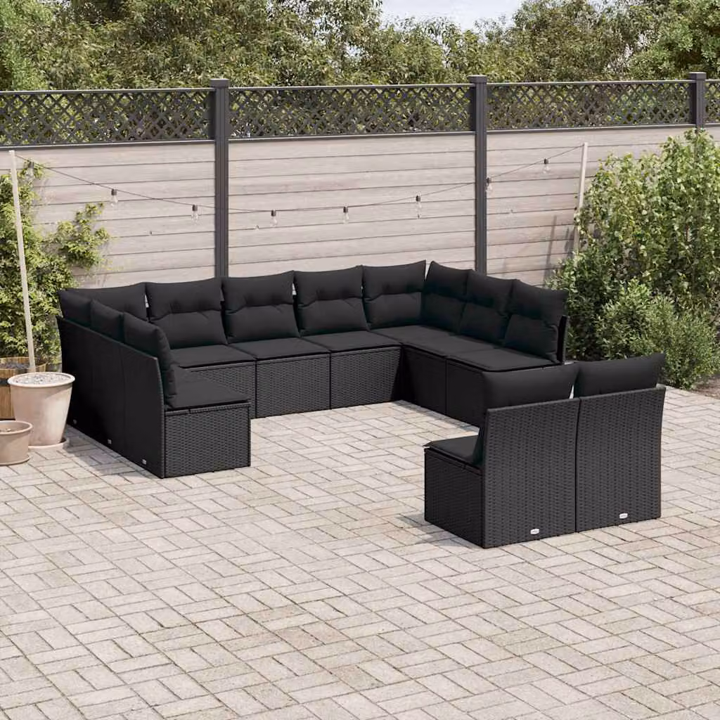 vidaXL Set Divani da Giardino 11 pz a Forma a U in Polyrattan e Metallo Nero con Cuscini – 1