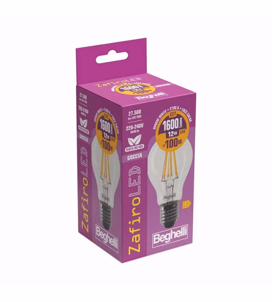 Beghelli Lampadina Led Zafiro Goccia E27 - 12W 1600lm 2700K