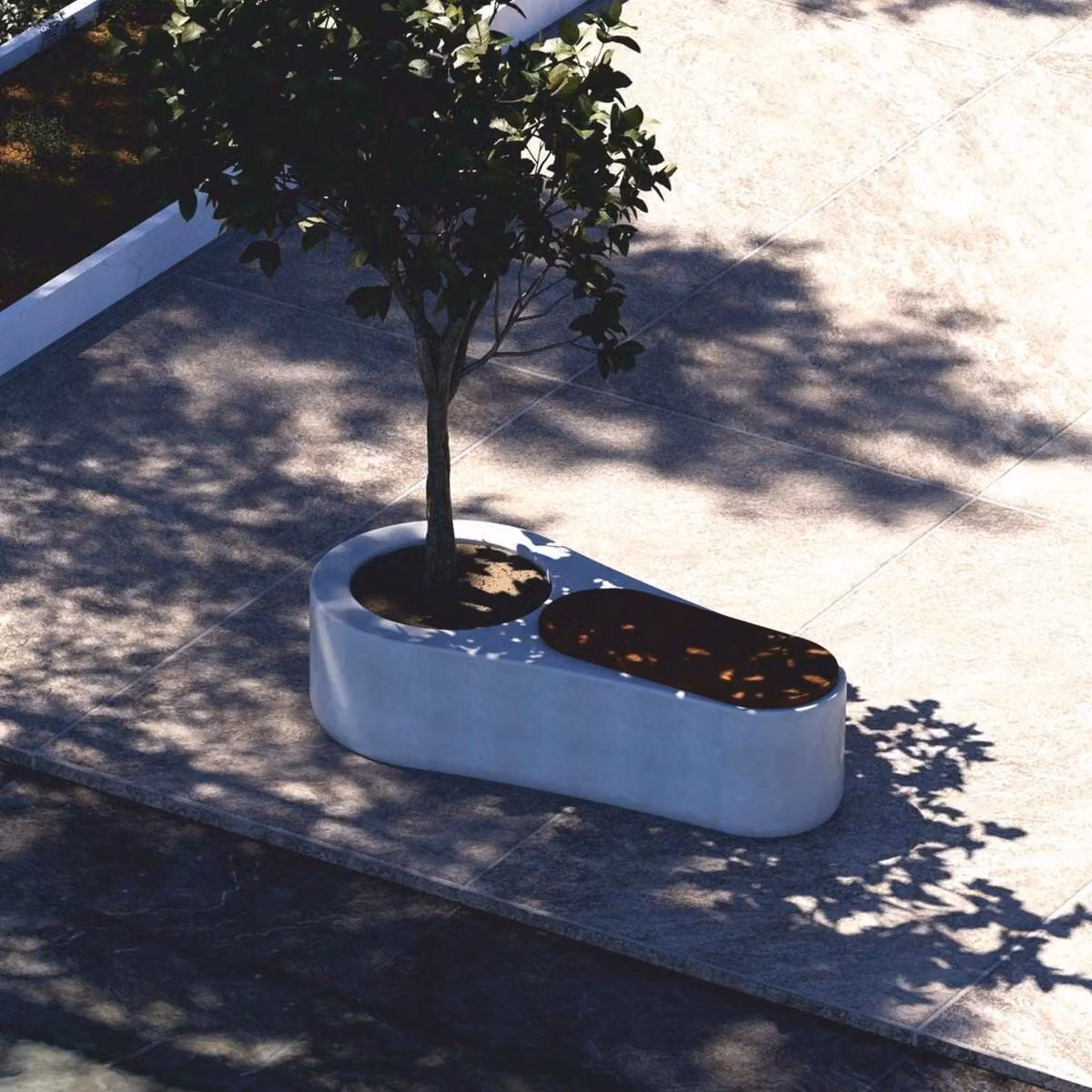Panca da giardino in cemento "Casa Padrino", con vaso integrato, bianca/marrone scuro, 145 cm