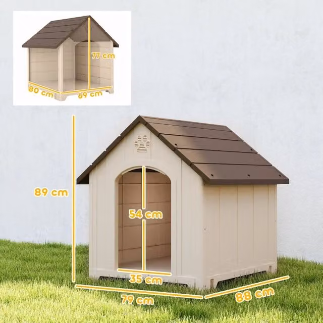 Cuccia per cani da esterno WISHDOR impermeabile con pavimento rialzato, colore beige, L: 88 cm, P: 79 cm, H: 89 cm – 1