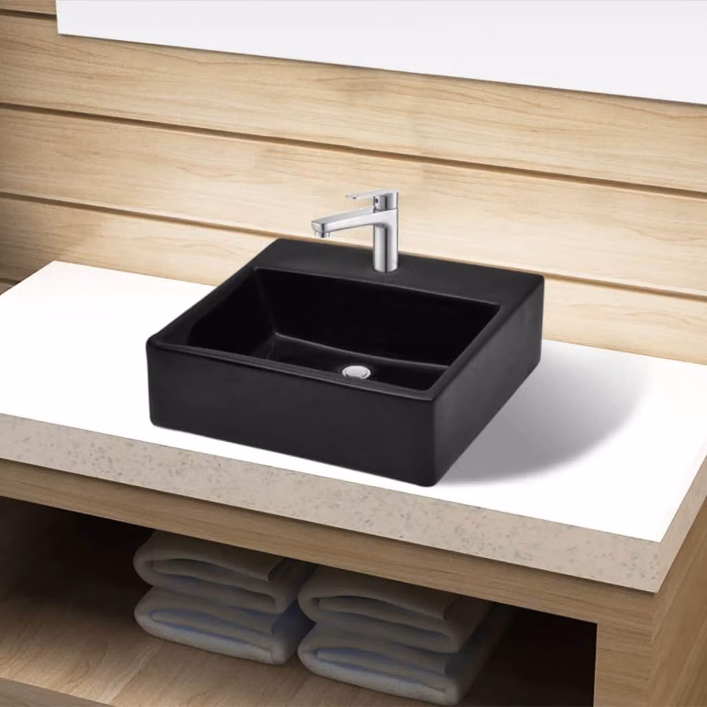 Lavabo in Vetroceramica con foro per rubinetto nero quadrato