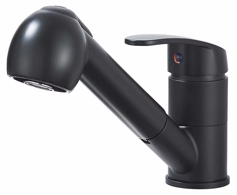 Miscelatore monocomando nero per cucina, girevole a 360°, con un foro di montaggio e doccetta estraibile