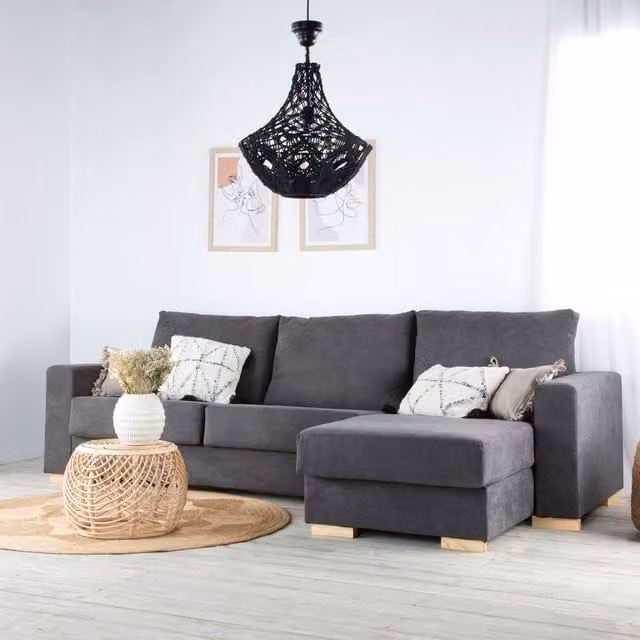 Dastyn divano letto chaise longue a destra 3 posti con contenitore, modello moderno in tessuto grigio con struttura in legno