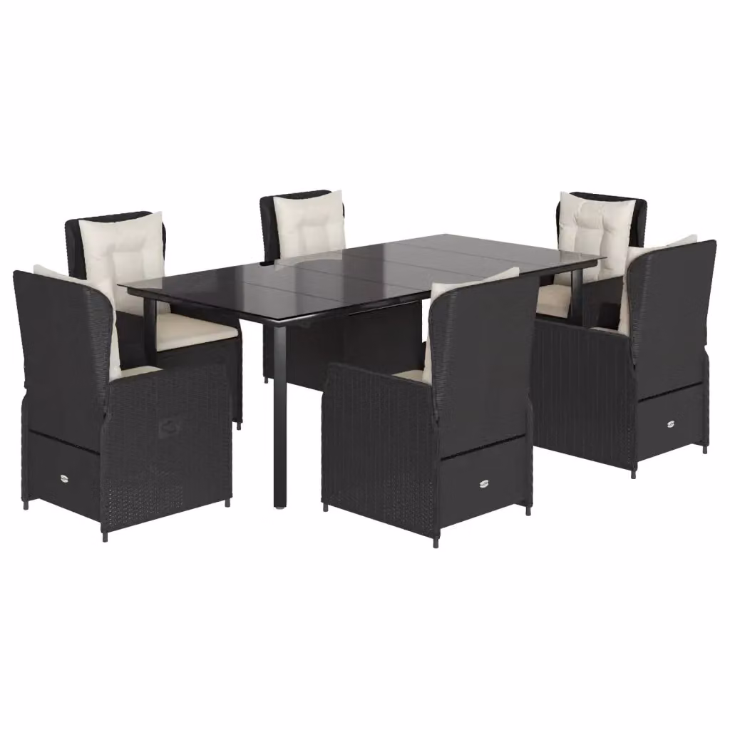 Set da pranzo da giardino vidaXL in polyrattan nero con cuscini bianchi e tavolo in vetro – 2