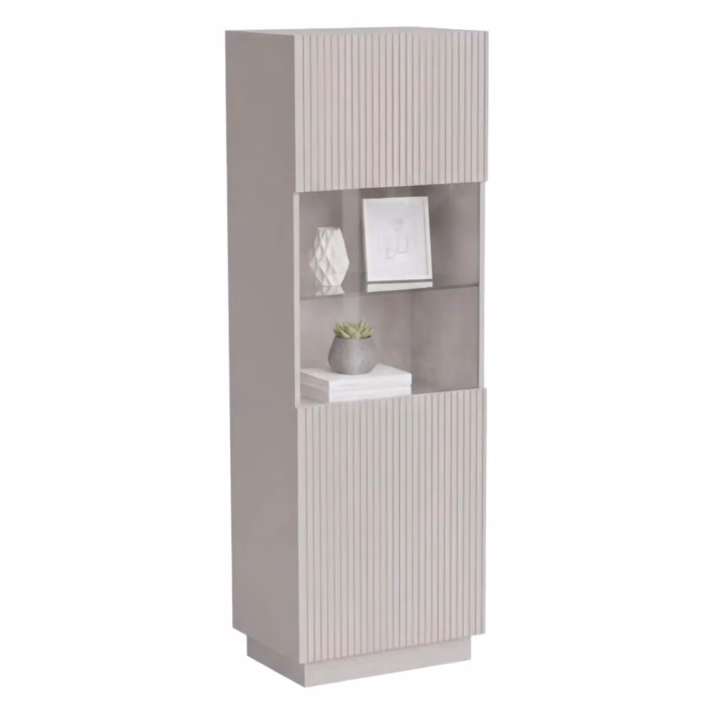 Vetrina Vado DMORA per soggiorno con ante in vetro e dettaglio cannettato, Beige, L: 60 cm, P: 40 cm, H: 178 cm – 2