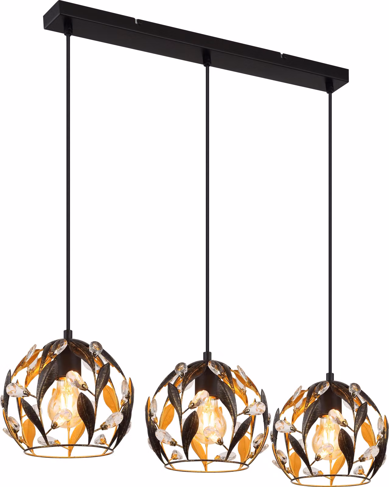 Lampada a sospensione Globo Lighting, struttura in metallo nero opaco e metallo dorato, finitura nera anticata, cristalli in acrilico trasparente, cavo in PVC nero, dimensioni: 740x200x1500 mm, esclusa lampadina: 3 x E27, 40W, 230V