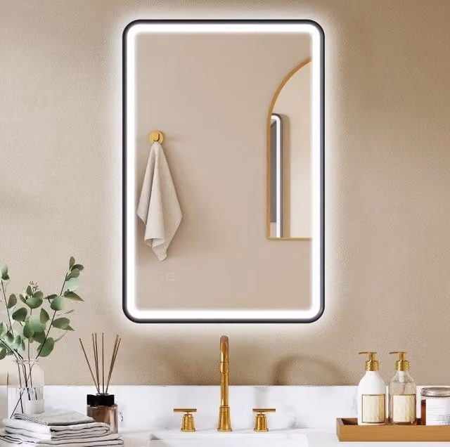 Specchio da bagno LED 90x60 cm con luci a 3 colori, dimmerabile, funzione memoria, installazione orizzontale o verticale, cornice nera in alluminio