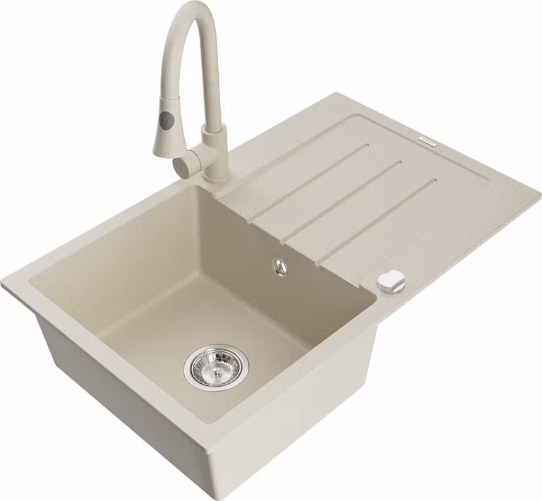 Mexen Bruno lavello in granito 1-vasca con sgocciolatoio e rubinetto da cucina Elia, beige - 6513-69-670101-69